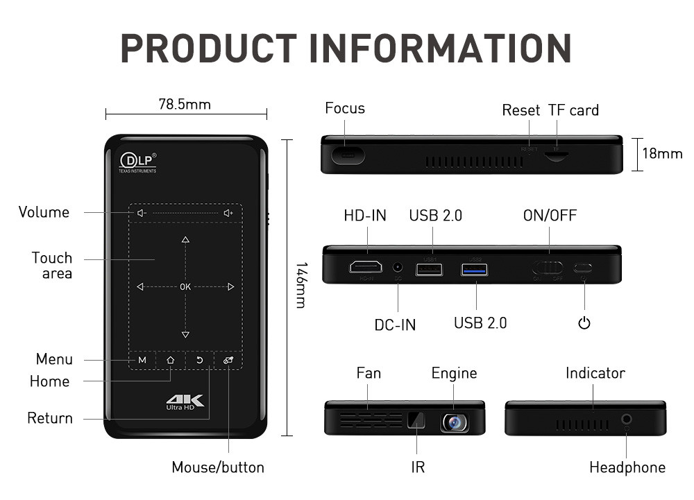 DLP 3D Android 9.0 Smart Interactive Projector RGB LED OSRAM Q6 Chip