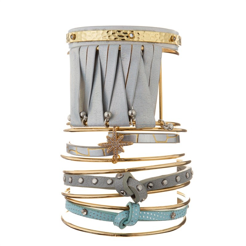 Women Grey Leather Bracelet Hammer Metal Bangle Open Inspirational Jewelry