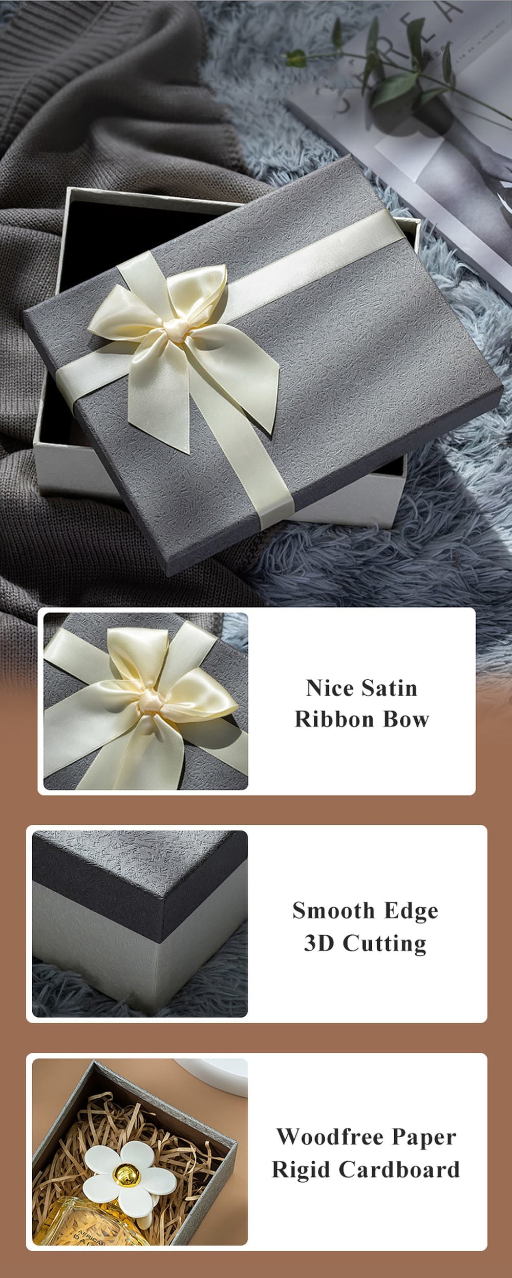 Customized Three Sizes Rigid Paper Gift Box With Bow For Spouse Friend Family