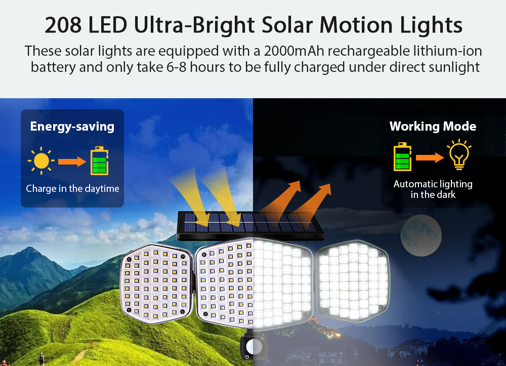 208LED 2500LM Solar Motion Sensor Wall Light 6500K ABS 7W