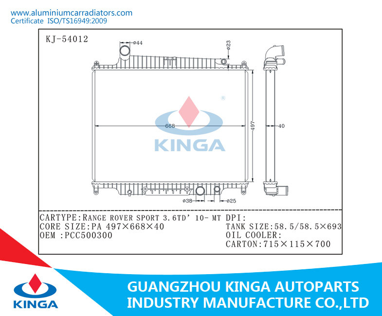 RANGE ROVER SPORT 3.6TD'10-MT Aluminium Racing Radiator For OEM PCC500300