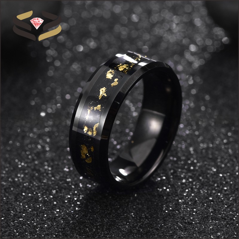 Round Gold Tungsten Wedding Bands 8mm With Gold Leaf Inlay And Beveled Edges