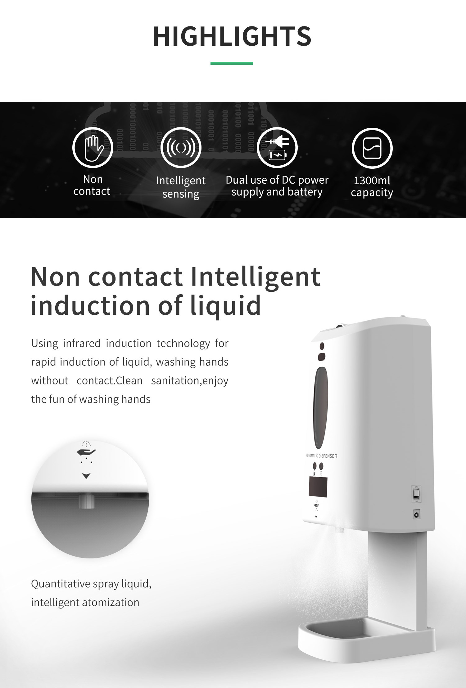 1300ml Large Capacity Automatic Hand Sanitizing Dispenser Infrared Sensing