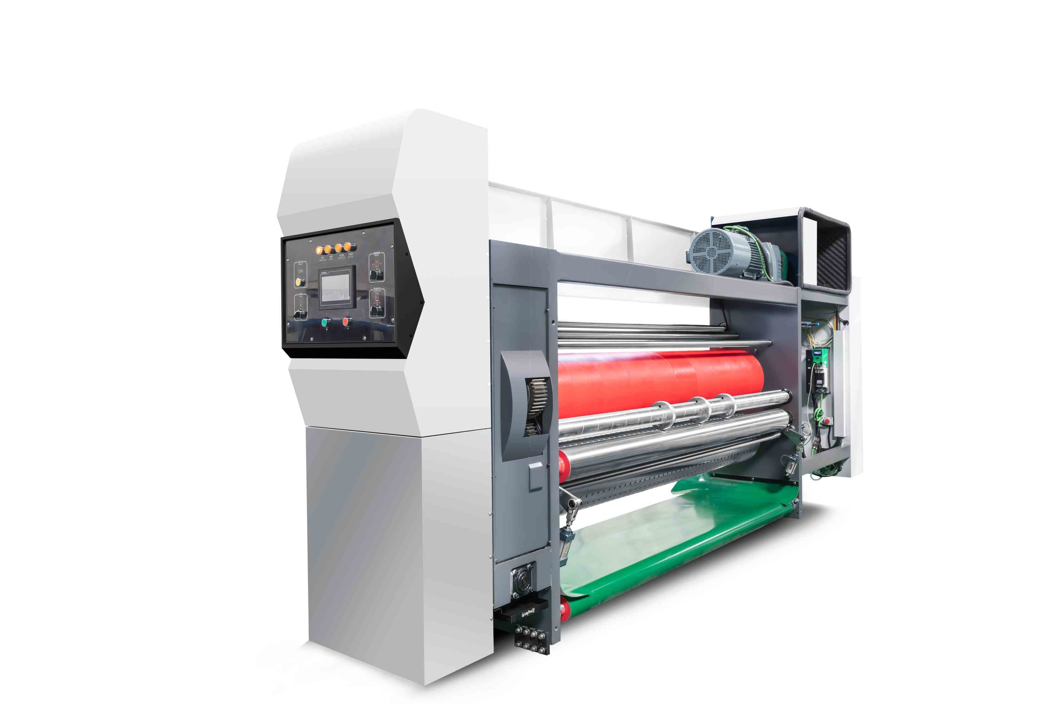 White Color G6-1224 Corrugated Cardboard Pressure Free Feed Structure Lead Edge Vacuum Transfer 4 Color Printer + Slotter + Die Cutter + Vibrator +