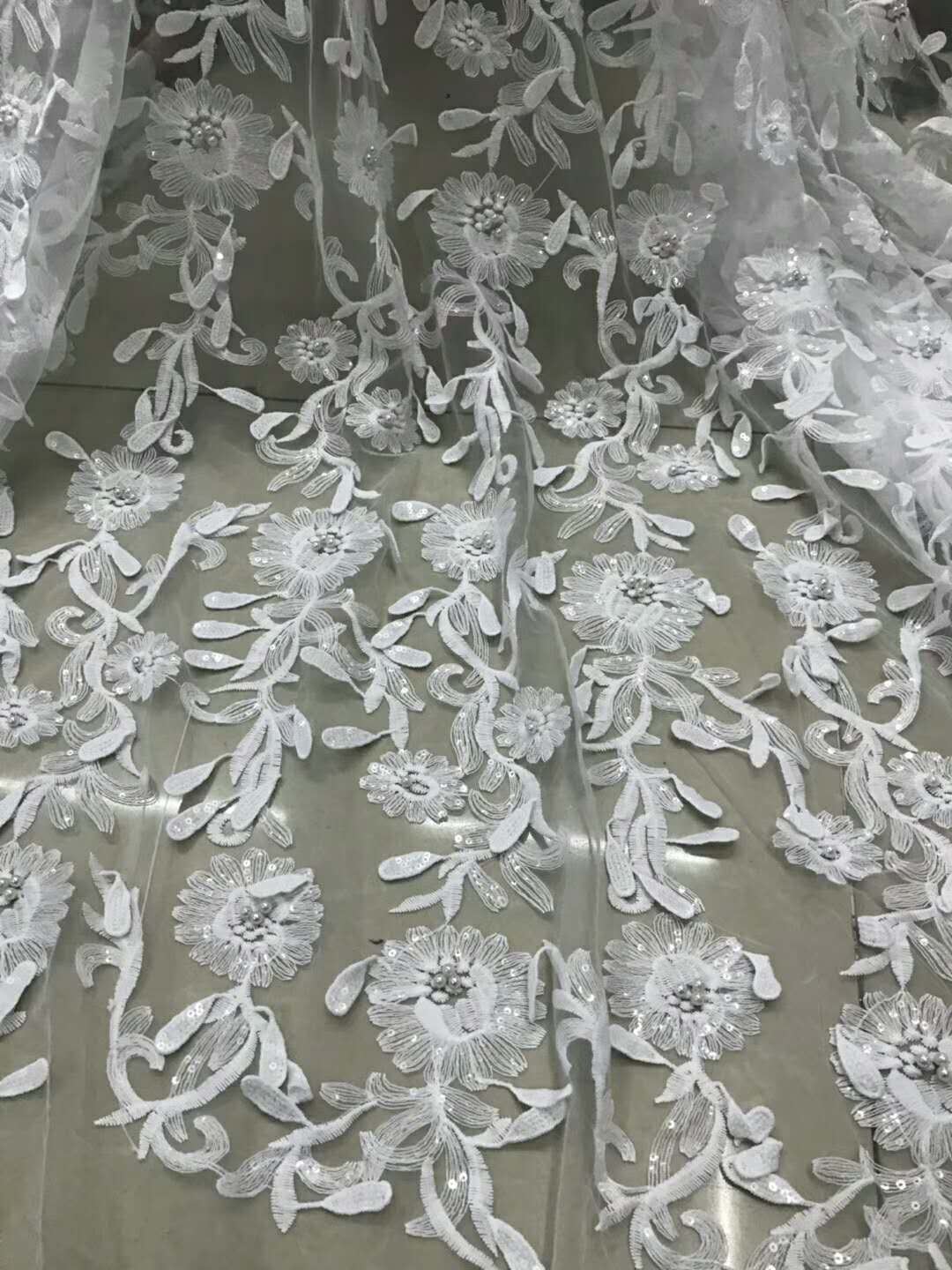3D Flower Embroidered Sequin Tulle Beaded Lace Fabric For Wedding Dress Mesh