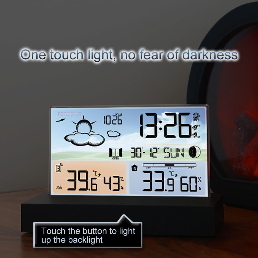 Multi Functional Electronic Weather Forecast Alarm Clock Desktop Transparent Glass Color Screen RF Wireless