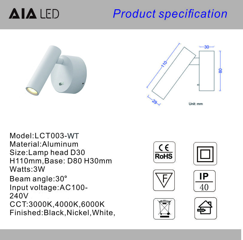 Wall mounted european style BJB switch 3W led reading wall light bedside indoor led headboard wall light