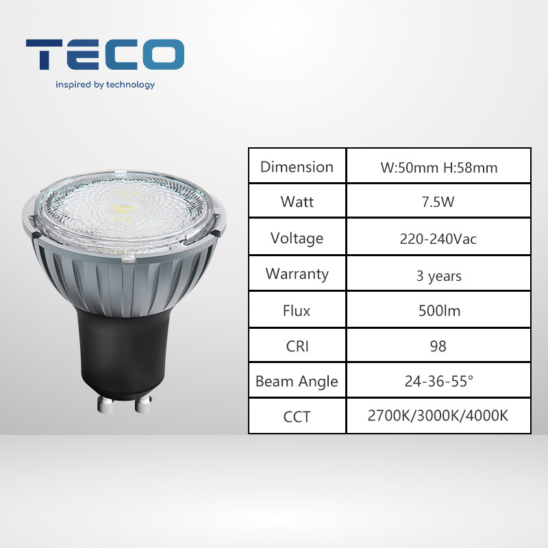 7.5W 3000K LED GU10 Spotlight Light Bulbs Warm White 230V Zoomable Ra98 Dimmable