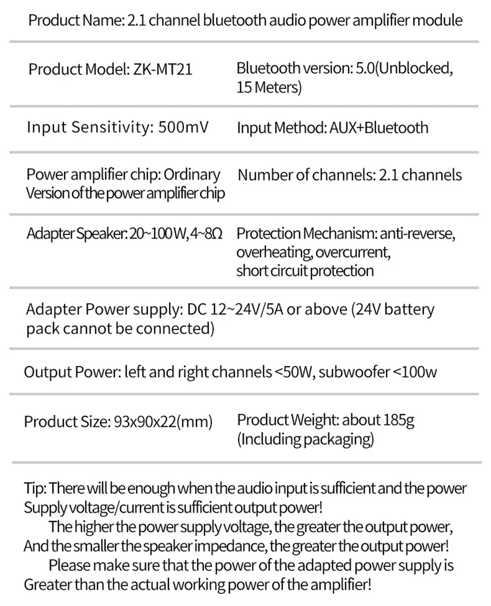 ZK-MT21 HiFi Digital Power Amplifier Board 100W+2*50W 2.1 Channel Subwoofer AUX 12/24V Audio Stereo 5.0 Amp ZK-MT21