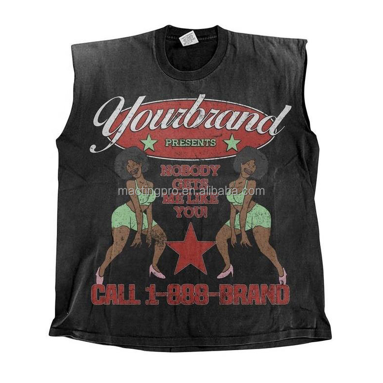 Support Customized Logo Sun Faded Acid Wash Vintage Sleeveless T shirt and Shorts Set