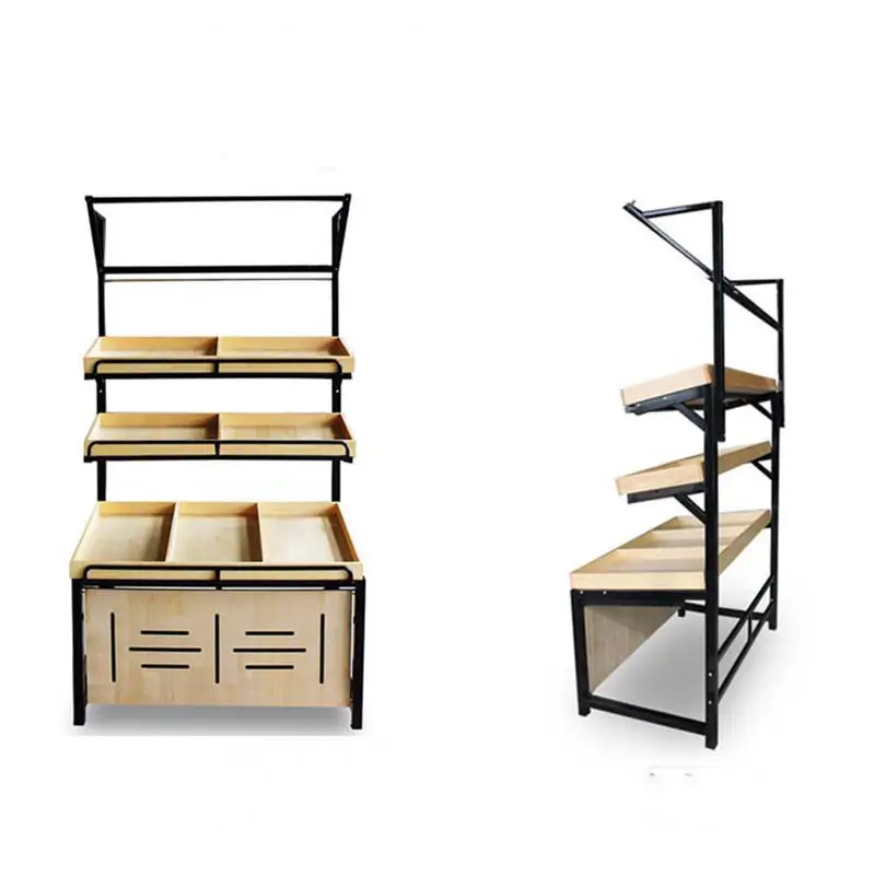 Supermarket Fruit And Vegetables Shelves Customized Size Steel Wood Frame