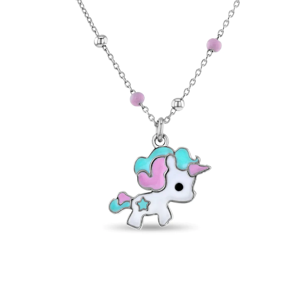 Kids Enamel Unicorn Pendant Necklace 925 Sterling Silver White Gold Plated