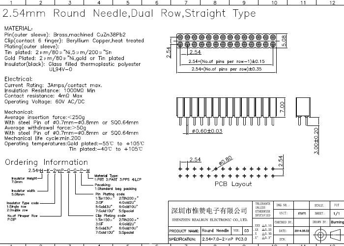 2.54mm Round Pin Female Header DIP Type Straight For Medical Equipment