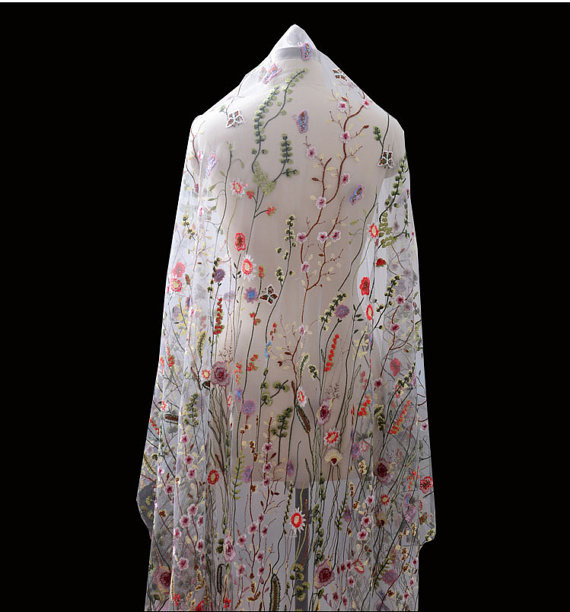 Heavy Embroidered Floral Tulle Lace , Delicate White Mesh Bridal Lace Fabric By The Yard