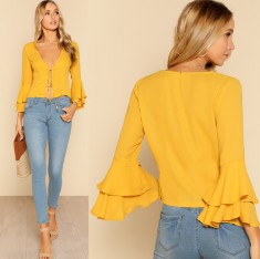 Women Square Neck Long Sleeve Slim Blouse with Striped