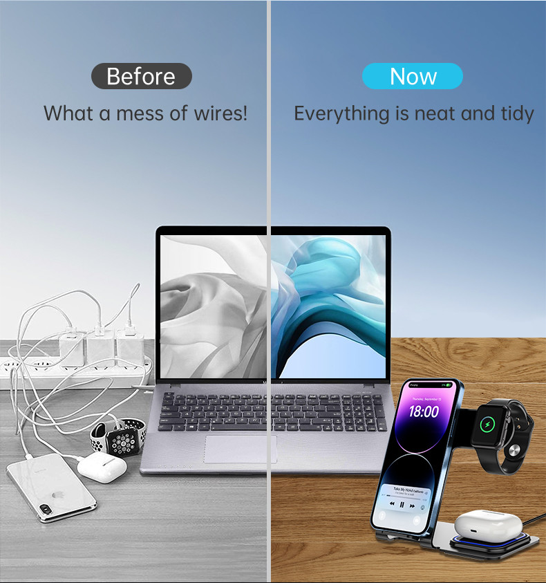 Aluminum Alloy 3 In 1 Wireless Charging Stand 15W Power Over Temperature Protection