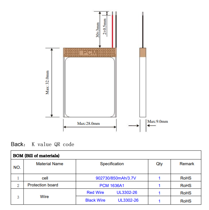 3.7V 850mAh Rechargeable Polymer Lithium Battery 902730 for GPS Digital Camera Charger