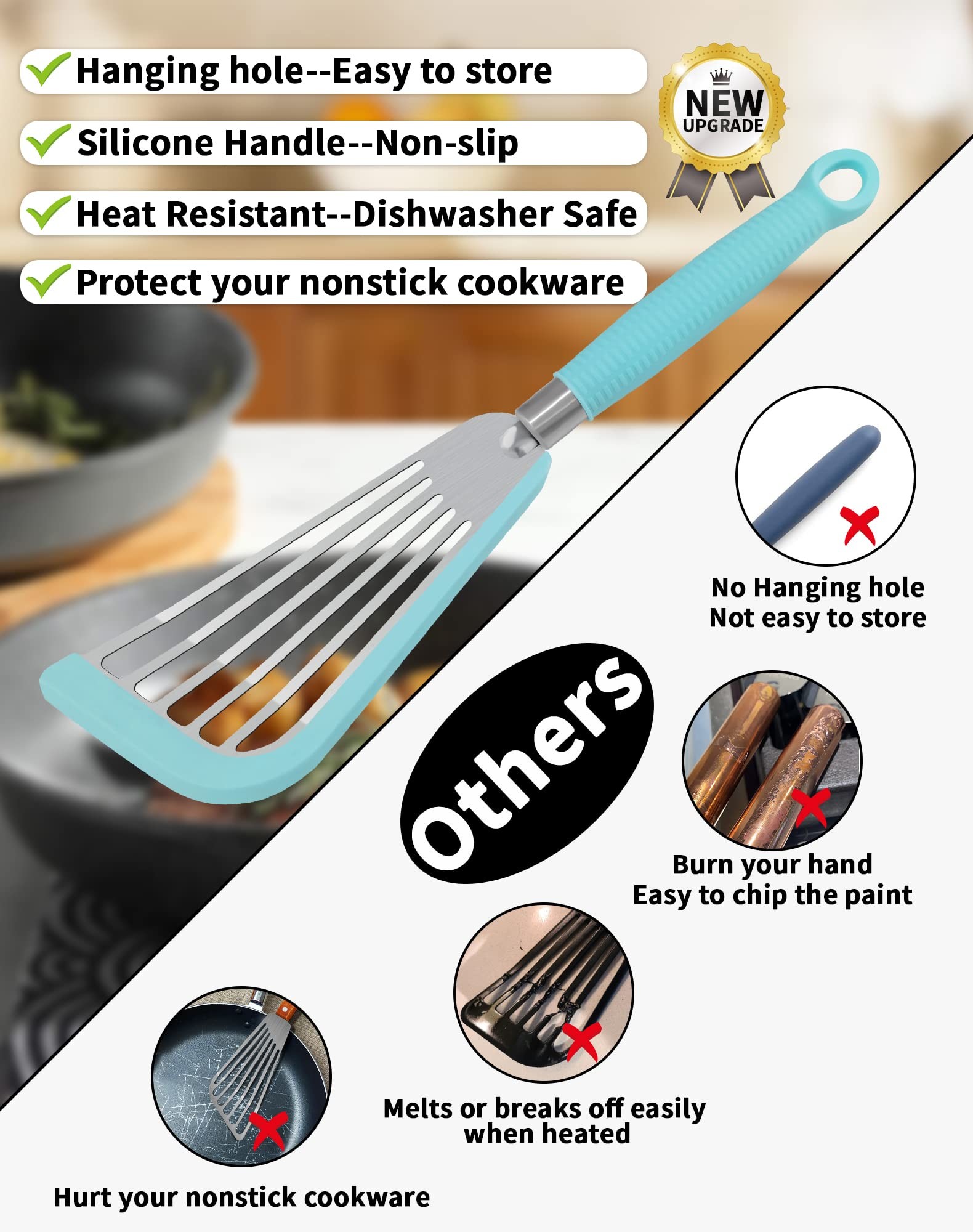 Slotted Spatula Flexible Stainless Steel Spatula with Silicone Top Soft Edge Slotted Spatula Turner Fish Slotted Spatula