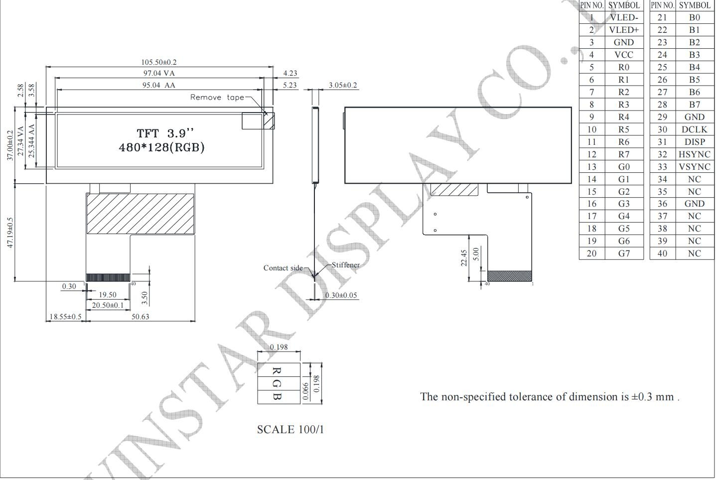 3.9'' bar TFT LCD Module 480*128*RGB WinStar replace 6H HX8278-A
