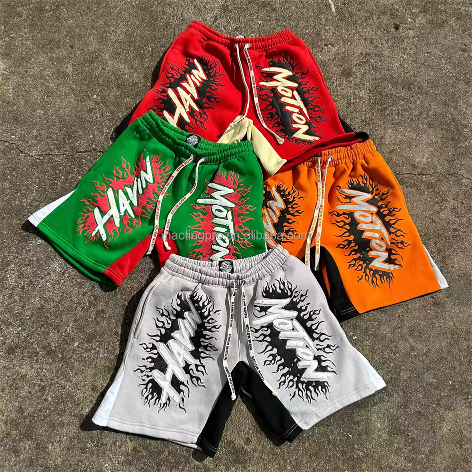Custom Cotton Streetwear Jogger Baggy Acid Wash Puff Print Casual Plus Size Sweat Shorts