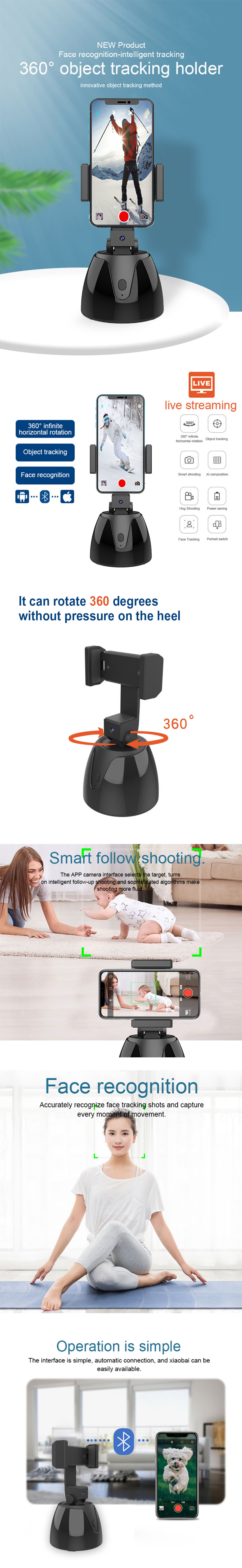 smart Shooting Phone Holder 360 Degree Rotation Auto Face Object Tracking Selfie Stick