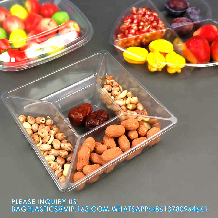10 Inch Disposable Divided Plastic Food Tray Platter Appetizer Tray With Lid Round Plastic Serving Tray