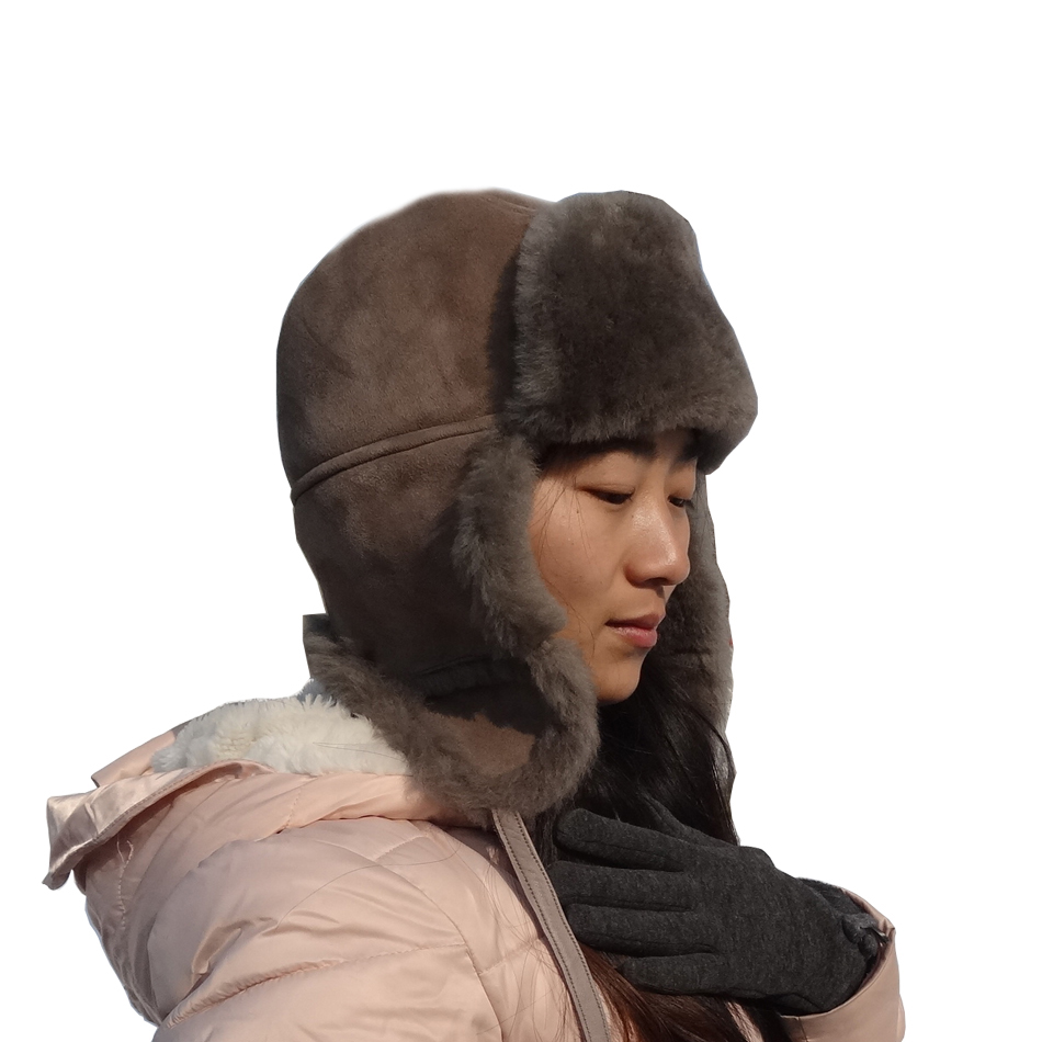 Unisex Top Layer Suede Winter Bomber Hats , Fur Trim Shearling Aviator Hat
