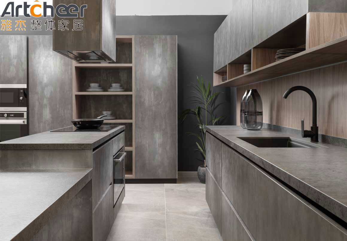 Modern Kitchen Furniture with Dark Grey Marble Look Finish and Flat Edge Countertop