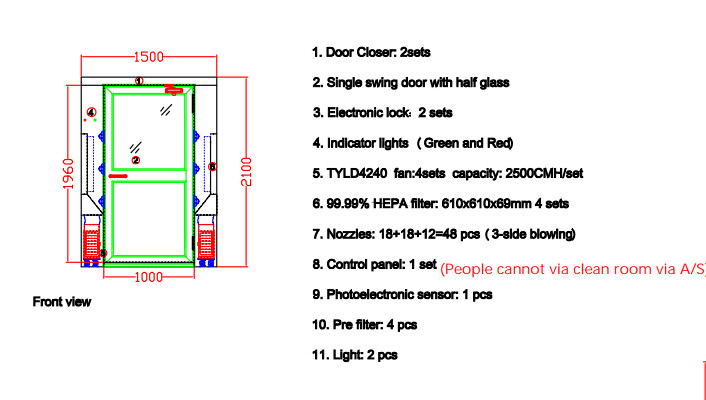 Large Single Leaf Swing Doors Stainless Steel Air Shower Room With Three Blowing