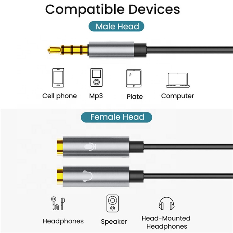 Splitter 3.5mm Jack 1 Male to 2 Female Aux Headset Adapter Audio Mic Cable