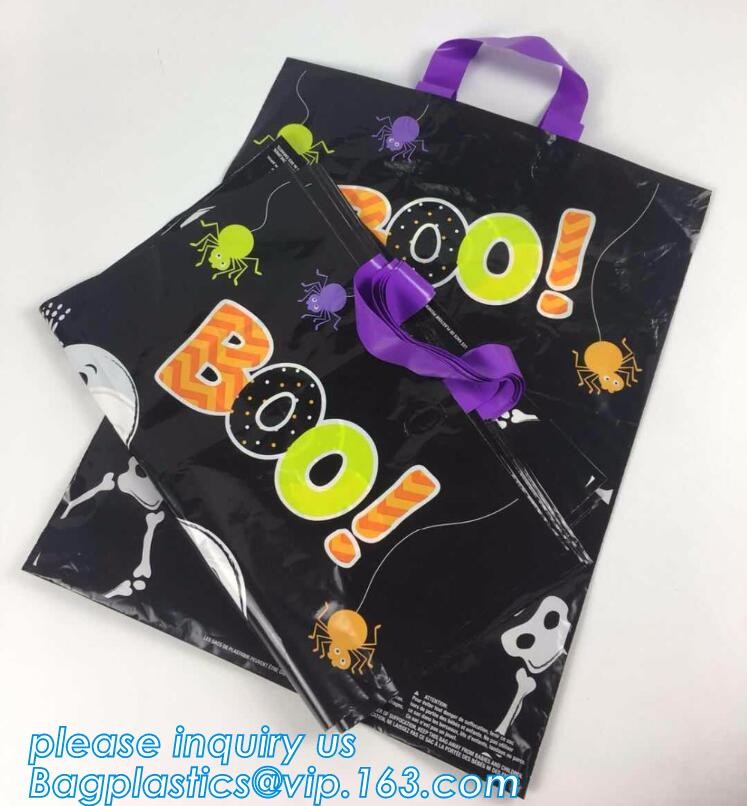 Custom Printed Stand Up Block BottomSoft Loop Handle Plastic Carrier Shopping Bag，Plastic Soft Loop Handle Bag for Shopp