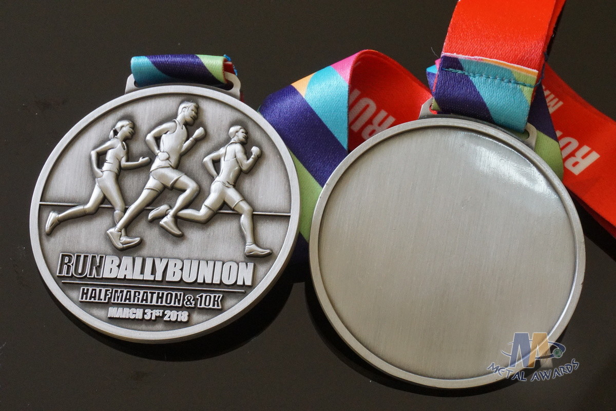 Half Marathon Or 10K Running Custom Sports Medals Antique Silver Plating Sublimated Ribbon