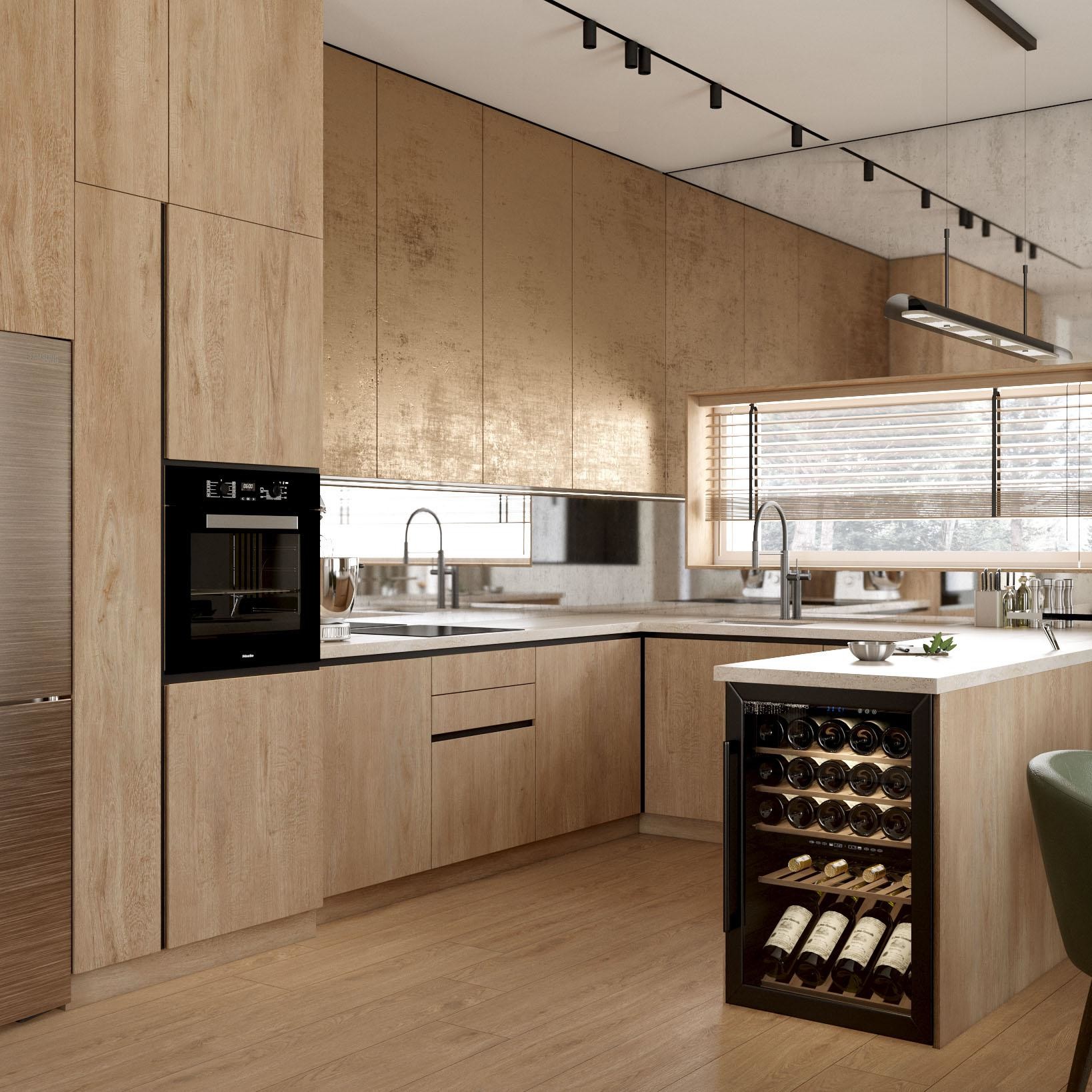 Custom Luxury Kitchen Cabinet Natural Color Wood Veneer Flat Kitchen Cabinet
