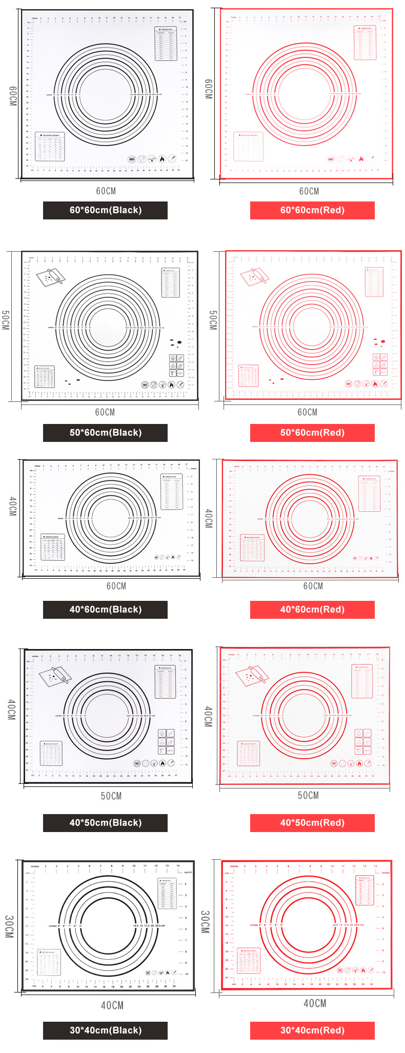 No Deformation Non Slip Silicone Baking Mat 60x40cm With Measurement