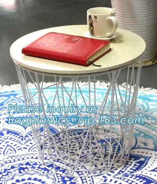 Wooden top metal wire coffee table design, customized design size wire coffee side tables, Black iron base and transpare