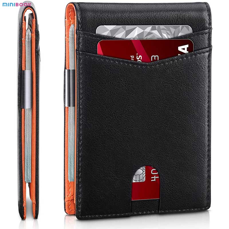 Anti-RFID Protected Slim Metal Money Clip Designer Wallet for Men in Genuine Leather