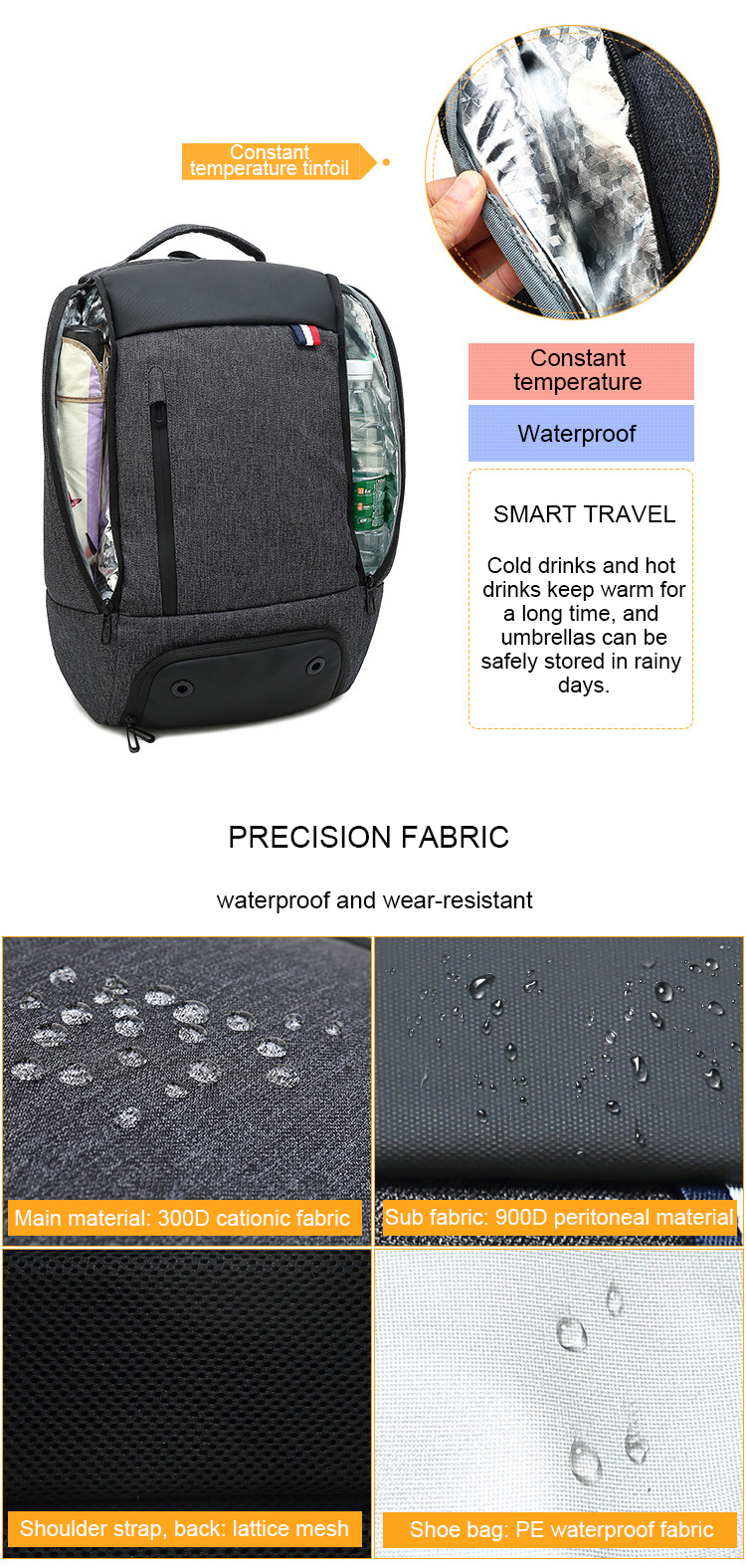 External Frame Travel Waterproof Multifunctional Laptop Backpack 0.95kg