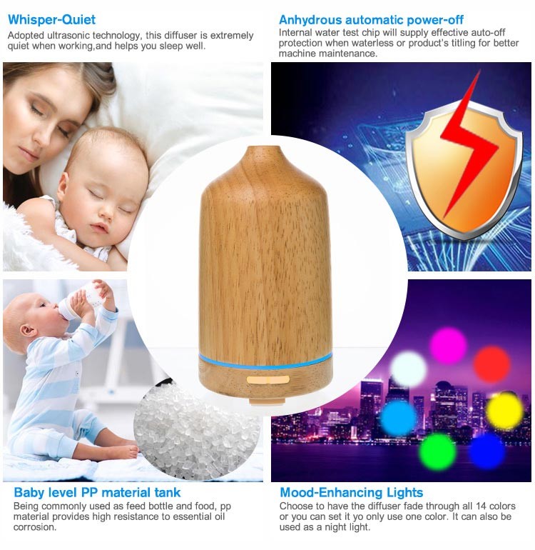 Waterless 100ml Wood Grain Aroma Diffuser ROHS FCC Ultrasonic Mist Humidifiers