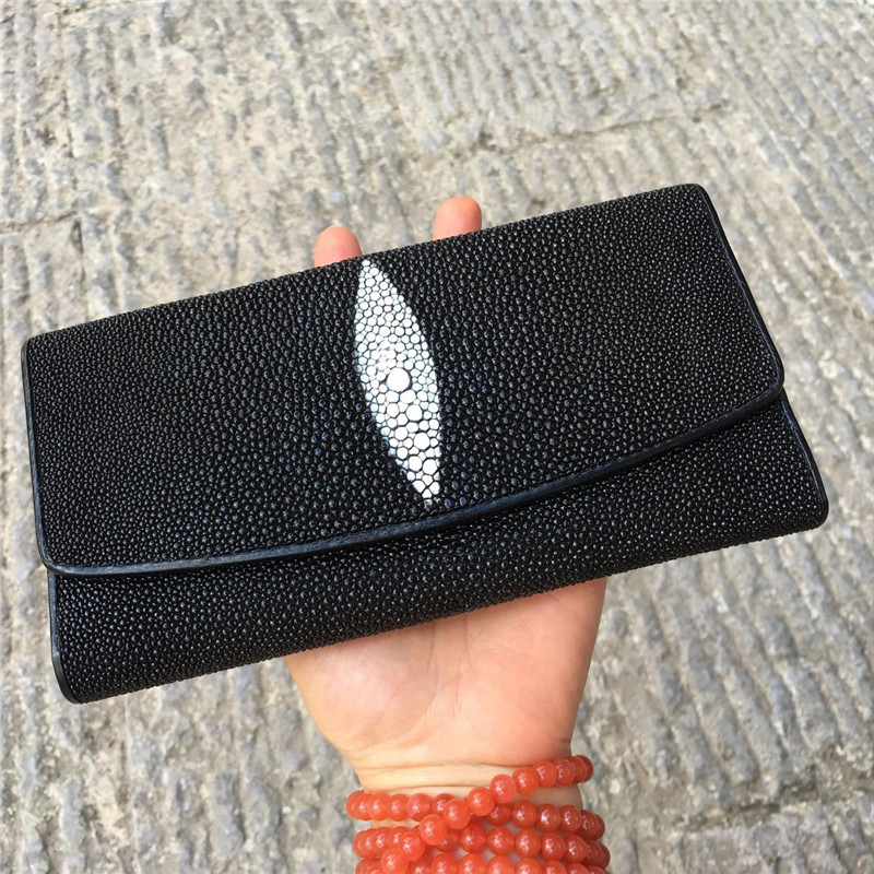 Unisex Authentic Stingray Skin Male Long Trifold Wallet Genuine Leather Women Men Large Clutch Purse Lady Money Bag