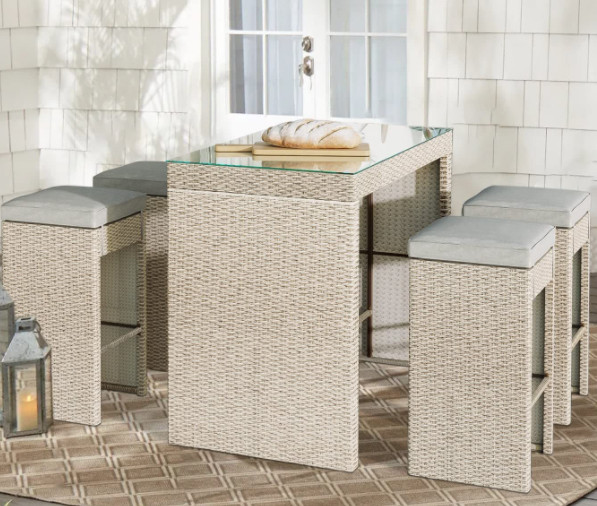 5-Piece Patio Bar Table Rattan Rectangular Dining Table Height Chair