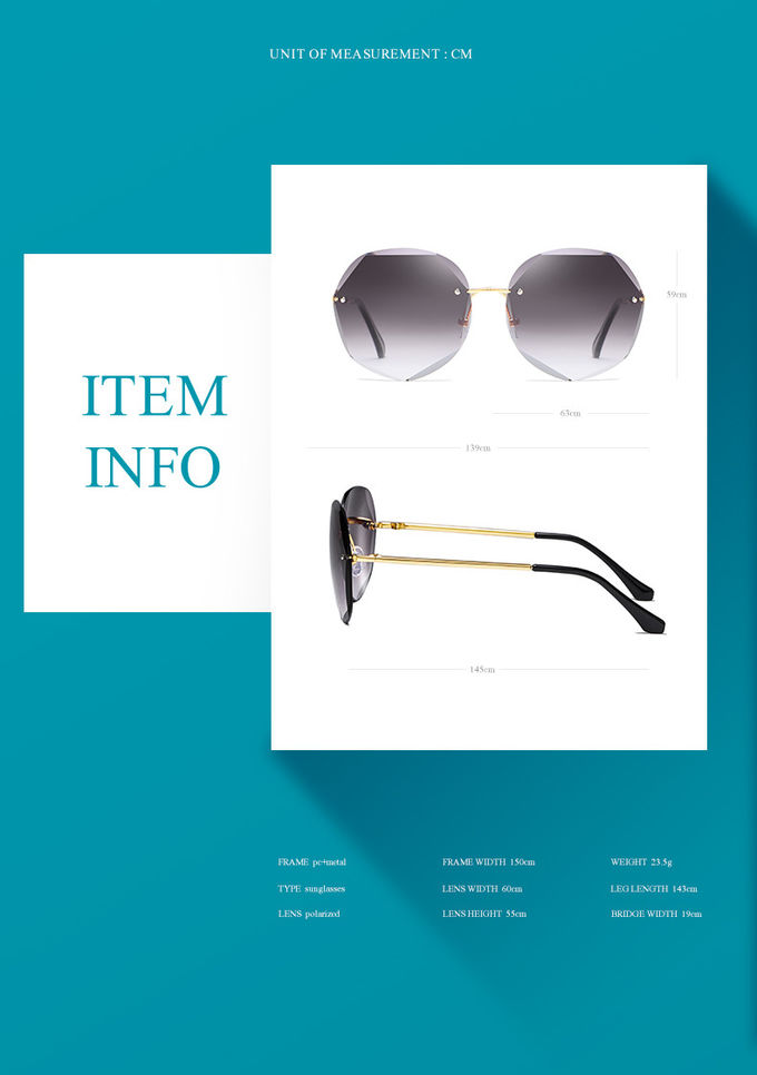 Colorful Gradient Lens Rivets Fashion Rimless Women Sunglasses
