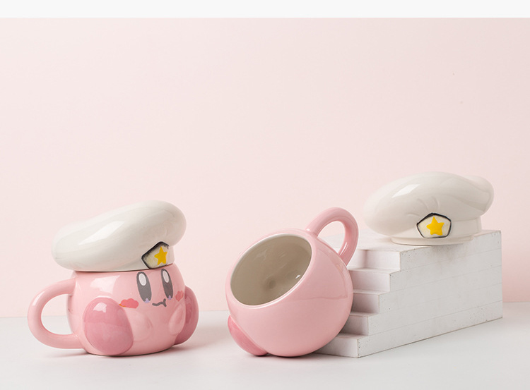 Cute Pink Cartoon Chef Kirby Ceramic Mug Navy Hat 3D Ceramic Coffee Mug for Christmas Holiday Gift
