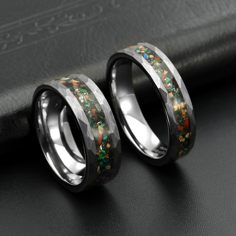 Third Party Appraisal Dinosaur Bone Meteorite Inlay Tungsten Carbide Ring 8mm Silver Hammered Mens Fashion Wedding Ring