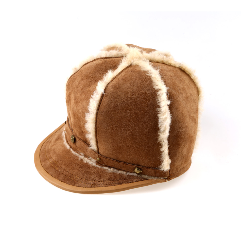 Shearling Double Face Sheepskin Beanie Hat For Adults Plain Pattern Camel Color
