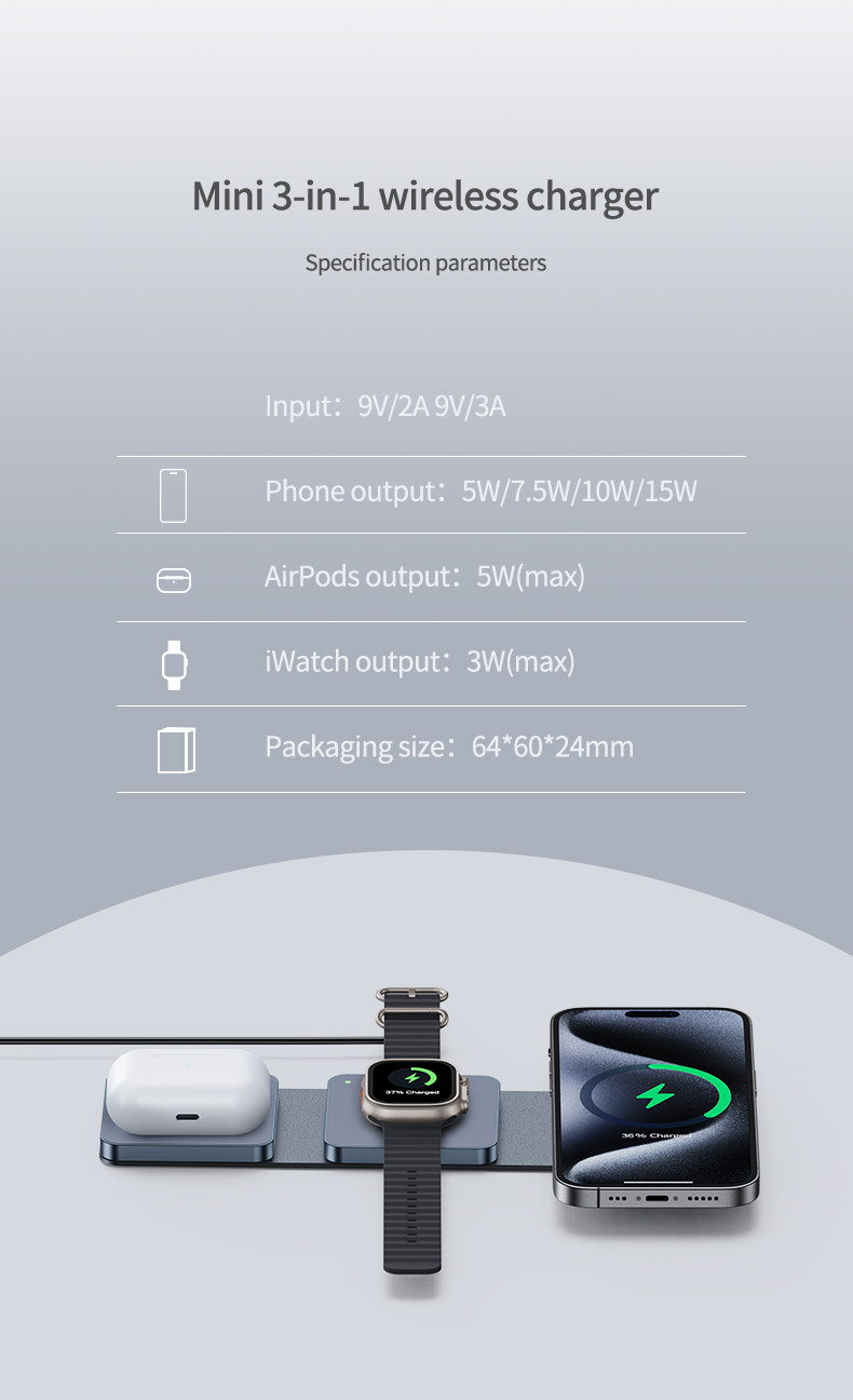 Foldable Wireless Charger with Aluminum Frame and Silicone Pad for Airpods and Apple Watch