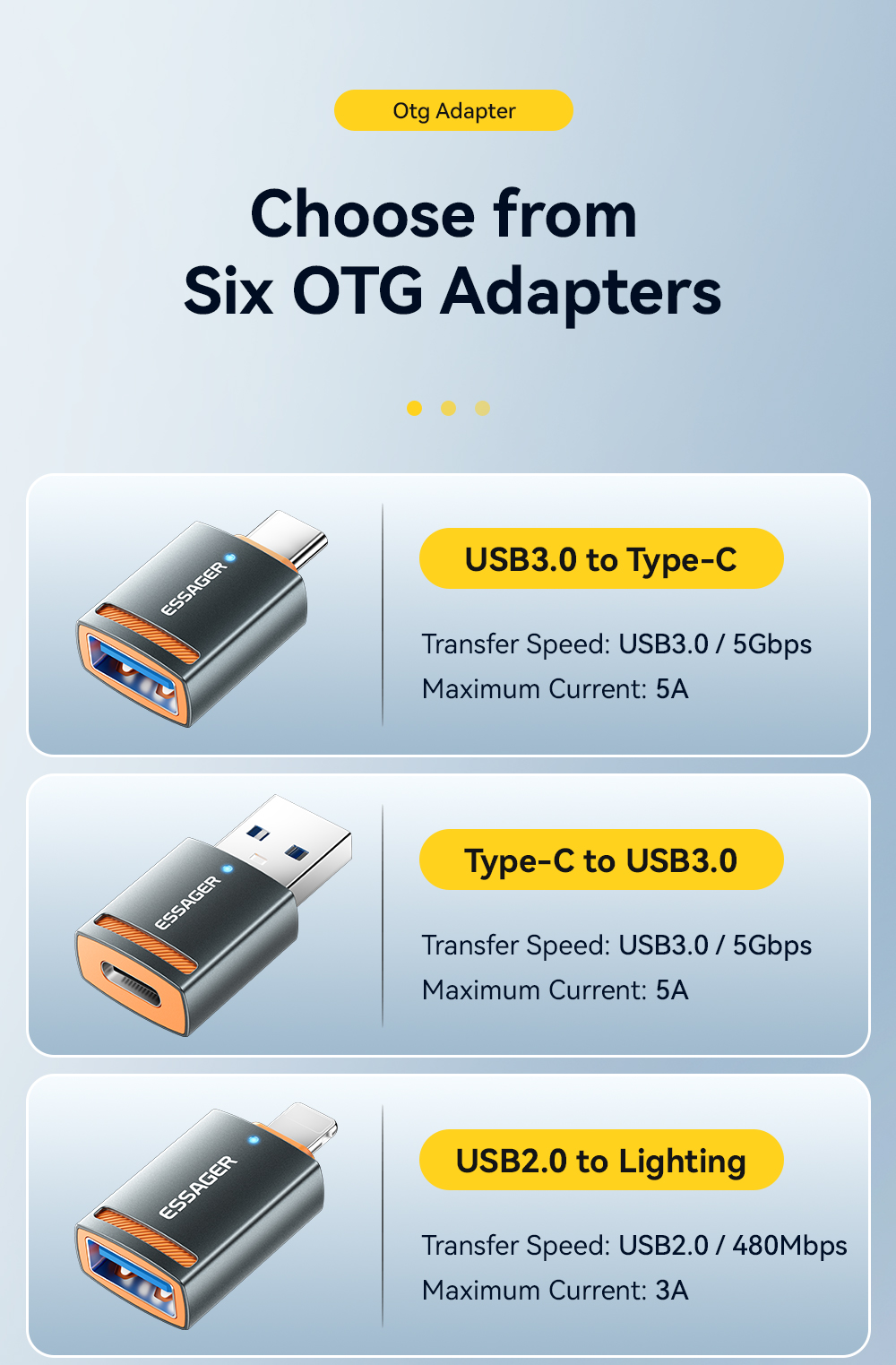 Plug In Micro USB OTG Adapter USB A C Lightning OTG Connector ESSAGER ES-OTG17 Series