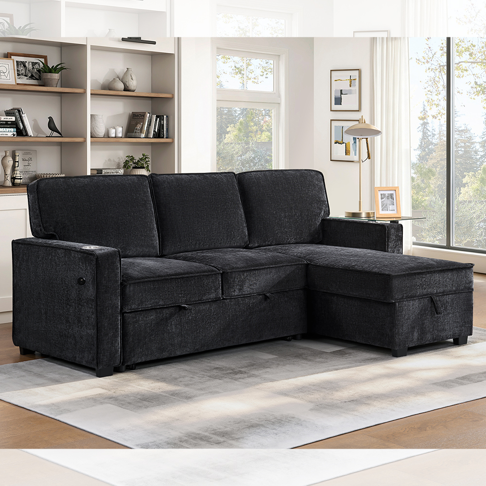 L-Shaped Reversible Sectional Sleeper Sofa with Pull-Out Bed and Dropdown Table and Storage, Charcoal Black Chenille