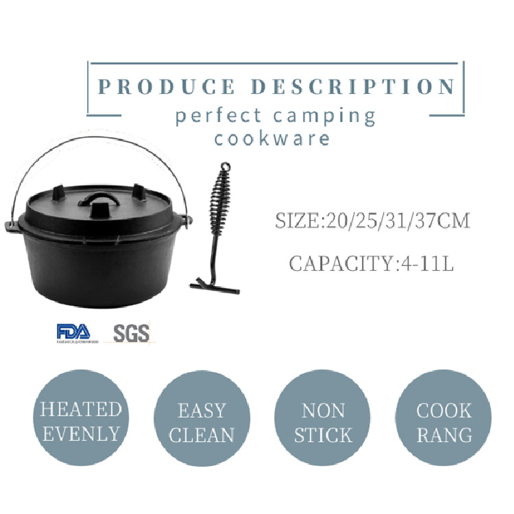 Black Pre Seasoned Cast Iron Dutch Oven For Campfire Cooking