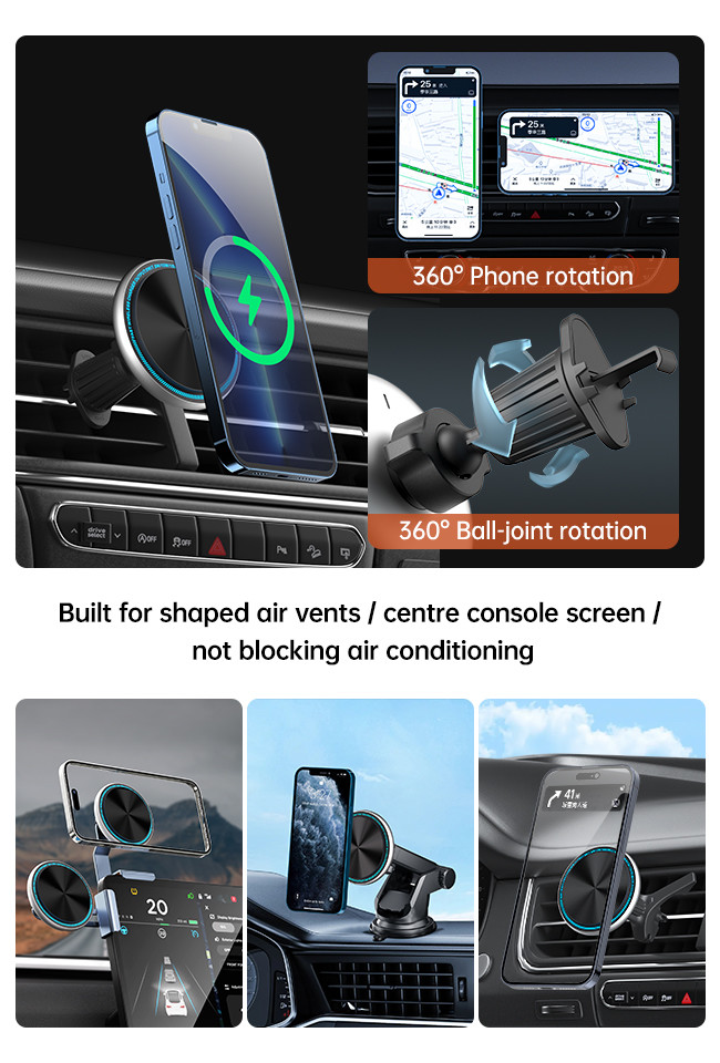 Metal Ambient Light Magsafe Car Mount Charger One Handed Easy Operation