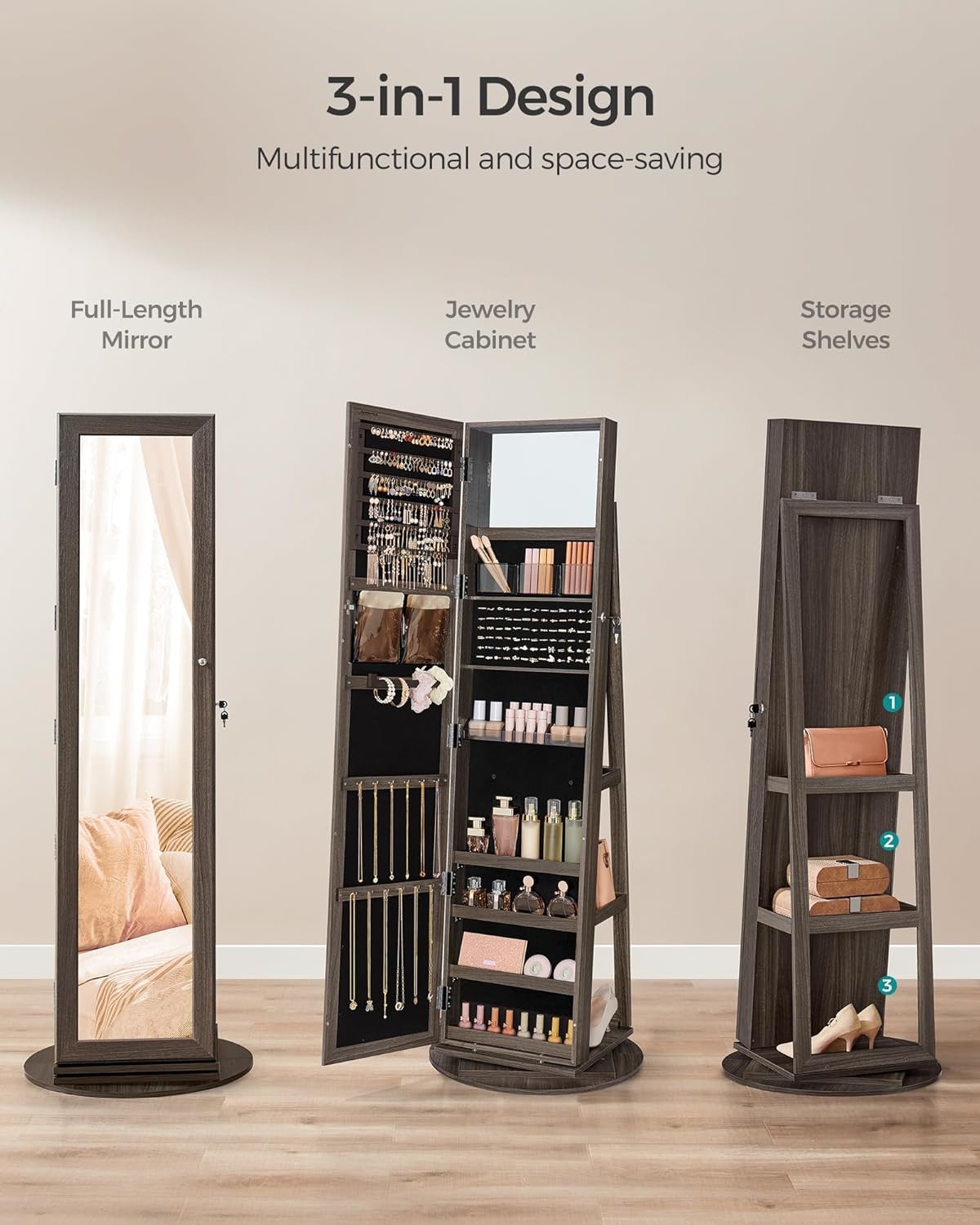 Brown 360° Swivel Jewelry Cabinet Rectangle Standing Mirror With Storage